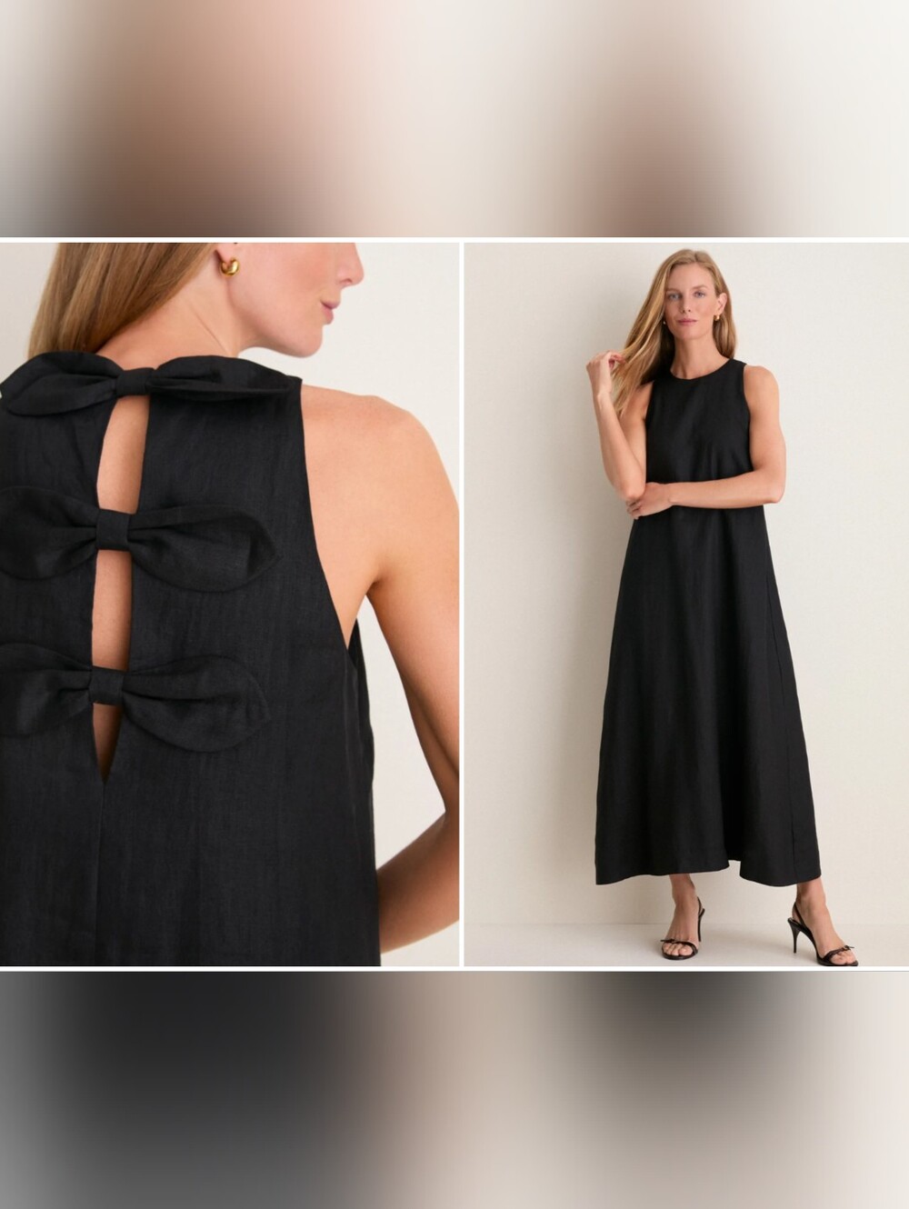 Tuckernuck Black Linen Portia Maxi Dress XXS Bow Back A-Line Sleeveless Evening